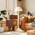 Cozy Living Room Interior With Beige Leather Sofa Green White Cushions Blinds And Leaf Artwork