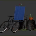 Outdoor Relaxation Setup With Bicycle Blue Chair Tree Stump Table Potted Plant And Garden Tool