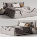 Modern Double Bed with Gray Bedding Pillows and Two Round Wooden Nightstands