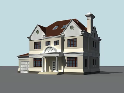 Two Story European Style Detached Villa With Brown Roof Skylights And Arched Porch 3d model
