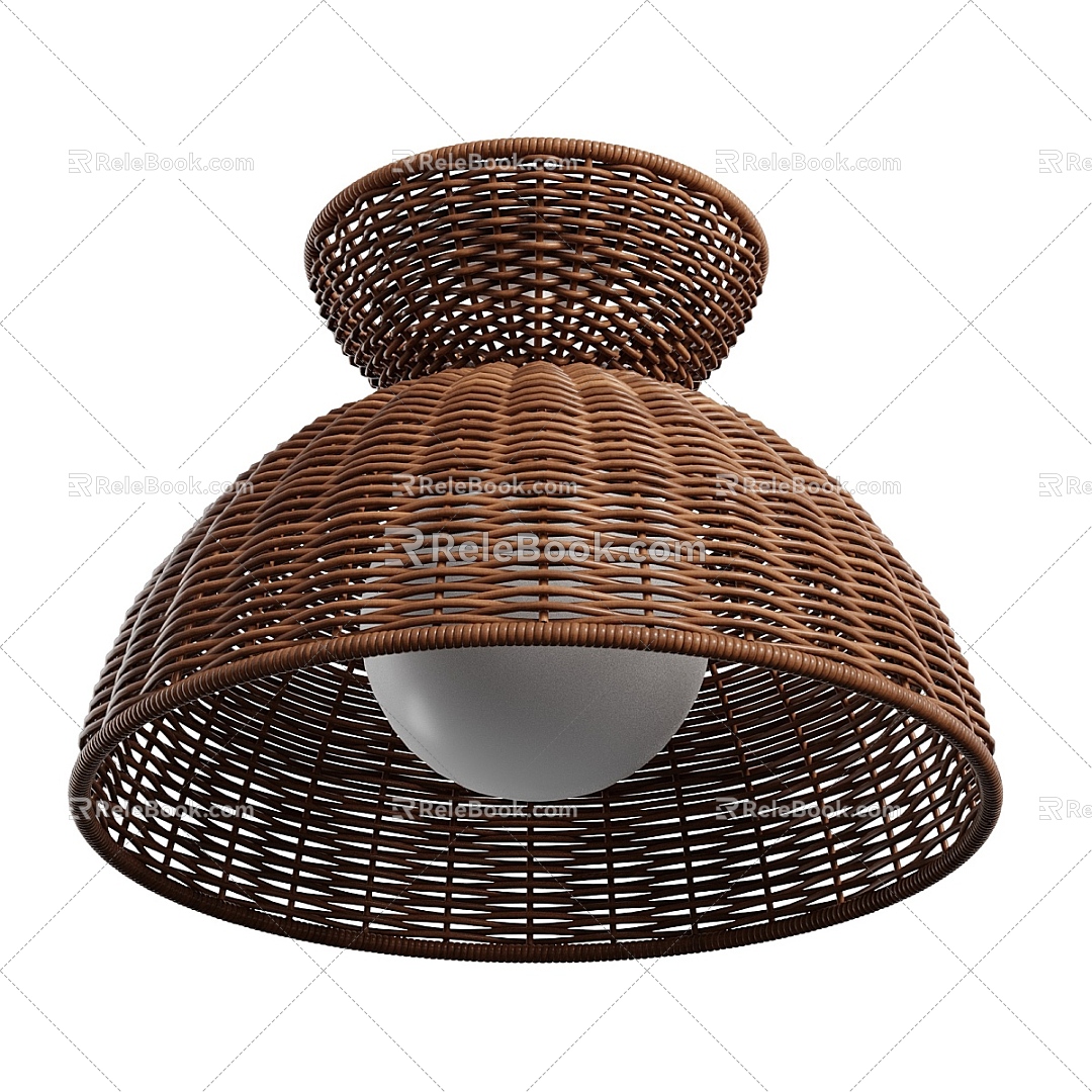 Quiet natural wind rattan round ceiling lamp 3d model