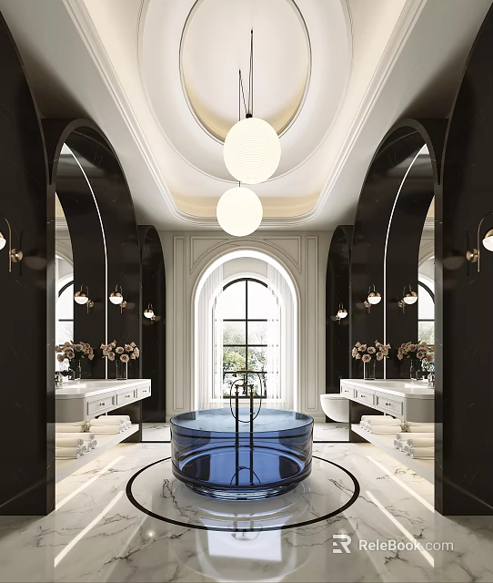 Elegant Bathroom Interior With Arch Mirrors Double Vanities Round Blue Bathtub And Hanging Pendant Lights 3d model 