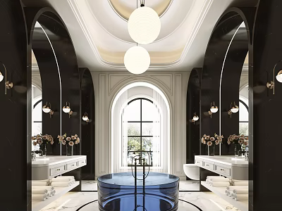 Elegant Bathroom Interior With Arch Mirrors Double Vanities Round Blue Bathtub And Hanging Pendant Lights 3d model