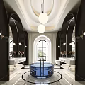 Elegant Bathroom Interior With Arch Mirrors Double Vanities Round Blue Bathtub And Hanging Pendant Lights