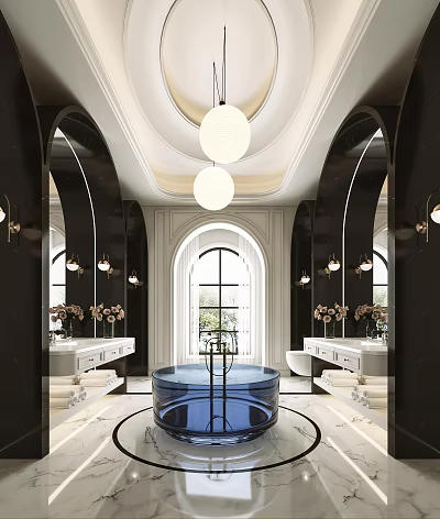 Elegant Bathroom Interior With Arch Mirrors Double Vanities Round Blue Bathtub And Hanging Pendant Lights 3d model