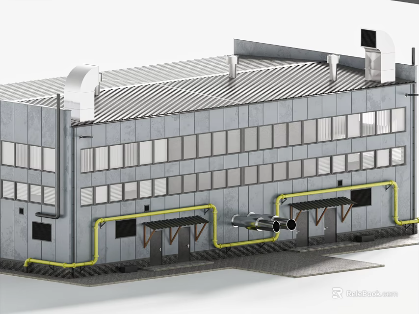 Industrial Factory Building Exterior With Rooftop Vents Large Windows Yellow Pipes And Entrances 3d model 