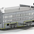 Industrial Factory Building Exterior With Rooftop Vents Large Windows Yellow Pipes And Entrances