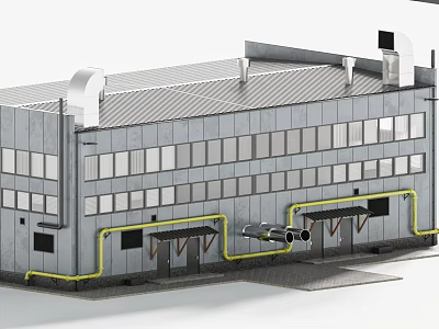Industrial Factory Building Exterior With Rooftop Vents Large Windows Yellow Pipes And Entrances 3d model