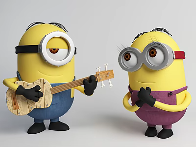 Cute Minion Dolls One Playing Guitar and Another with Red Headband 3d model