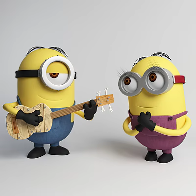 Cute Minion Dolls One Playing Guitar and Another with Red Headband 3d model