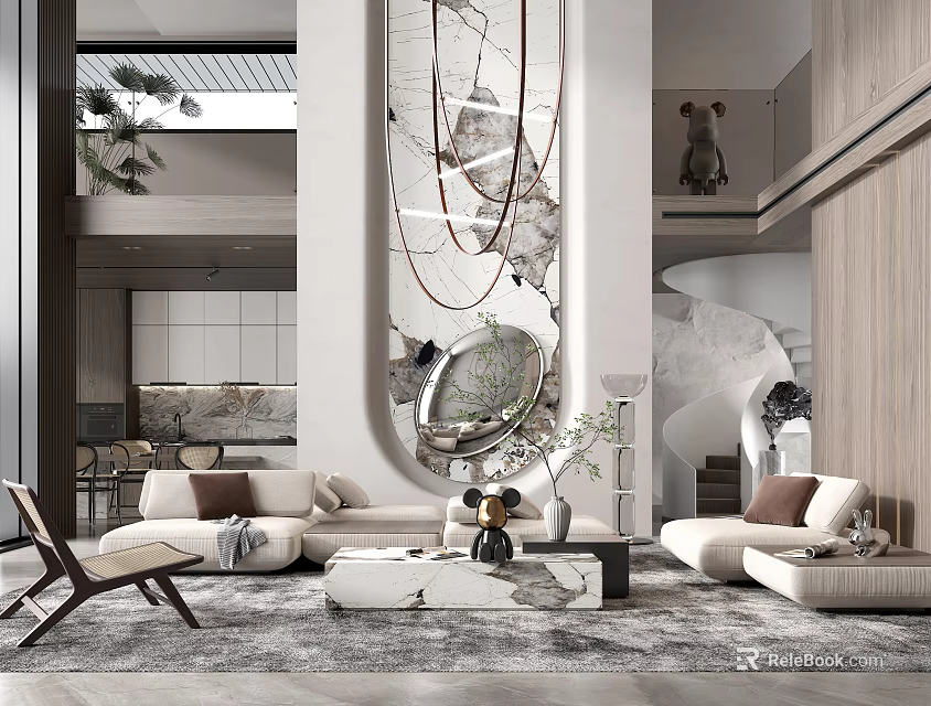 Modern Duplex Living Room Interior With High Ceiling Sofa And Staircase Design 3d model 