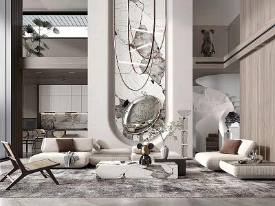 Modern Duplex Living Room Interior With High Ceiling Sofa And Staircase Design 3d model