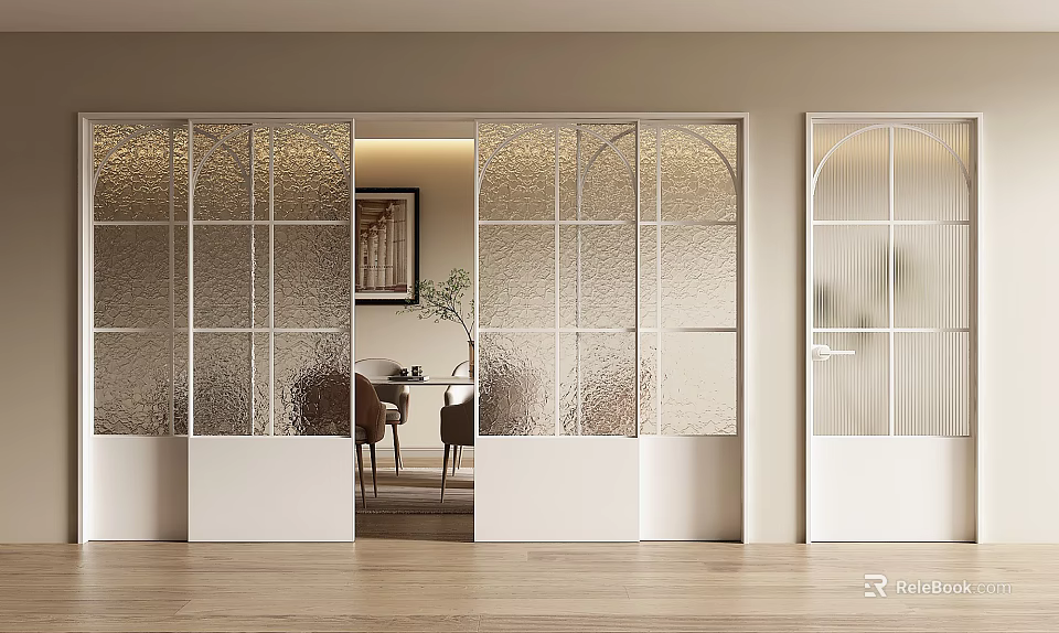 Modern Frosted Glass Sliding Doors For Elegant Interior Space With Wooden Floor 3d model 