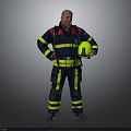 A Man in Firefighter Uniform with Hands on Hips Holding Yellow Helmet Against Grey Background