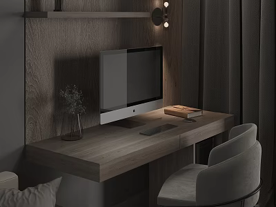 Modern Wooden Desk with Computer Monitor Wall Lamp Shelf Books Small Plant and Comfortable Chair 3d model