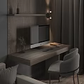 Modern Wooden Desk with Computer Monitor Wall Lamp Shelf Books Small Plant and Comfortable Chair