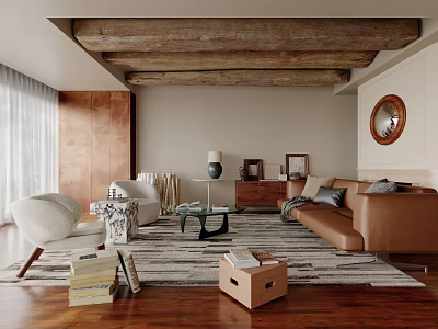 Contemporary Living Room Interior Featuring Wooden Ceiling Beams Copper Wall Round Mirror And Beige Sofa 3d model
