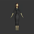 3D Female Character Model With Red Hair And Black Dress Standing Pose