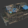 Elevated Wooden House Structure With Gray Roof Blue Tarpaulin Blue Buckets And Yellow Items