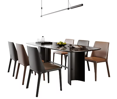 Modern Dining Table Set With Black Metal Frame Glass Top And Six Brown Leather Chairs 3d model