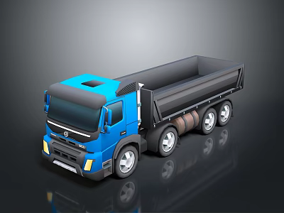 Blue Dump Truck With Blue Cab Black Bed And Multiple Shiny Wheels On Dark Surface 3d model