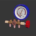 Brass Pressure Control Device With Blue Dial Gauge And Red Knob