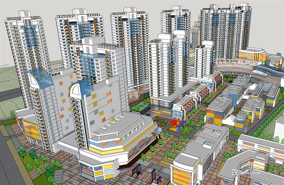 Modern High Rise Urban Complex With Commercial And Residential Buildings 3d model 