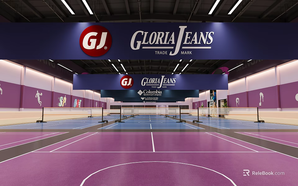 Gloria Jeans Trade Centre Indoor Sports Venue With Purple Basketball Court And Signage 3d model 