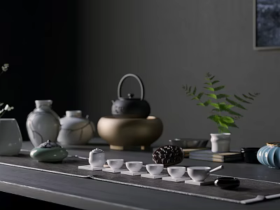 Stylish Tea Set With Teapot Teacups And Green Plant On Dark Wooden Table 3d model