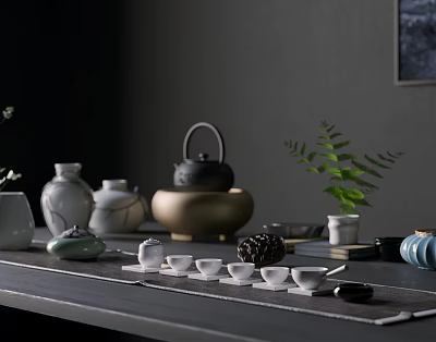 Stylish Tea Set With Teapot Teacups And Green Plant On Dark Wooden Table 3d model