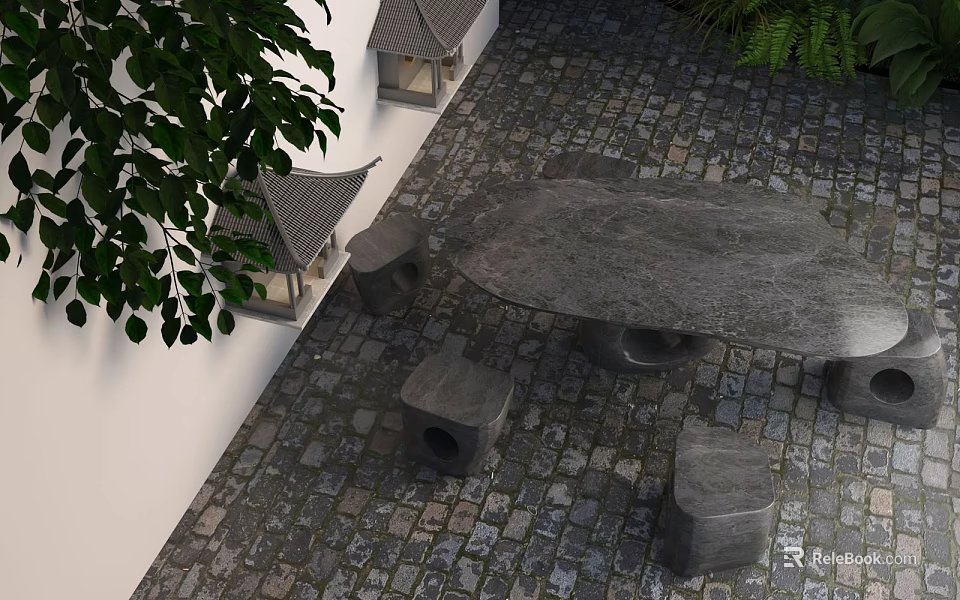 Stone Outdoor Table with Stools on Paved Ground Surrounded by Green Plants and Lanterns 3d model 