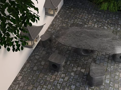 Stone Outdoor Table with Stools on Paved Ground Surrounded by Green Plants and Lanterns 3d model