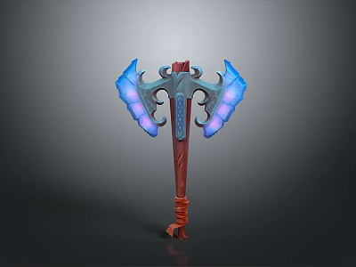 Decorative Axe With Blue Glowing Blades And Red Wrapped Handle Design 3d model