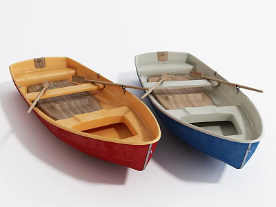Two Traditional Red and Blue Wooden Boats with Oars and Wooden Seats 3d model