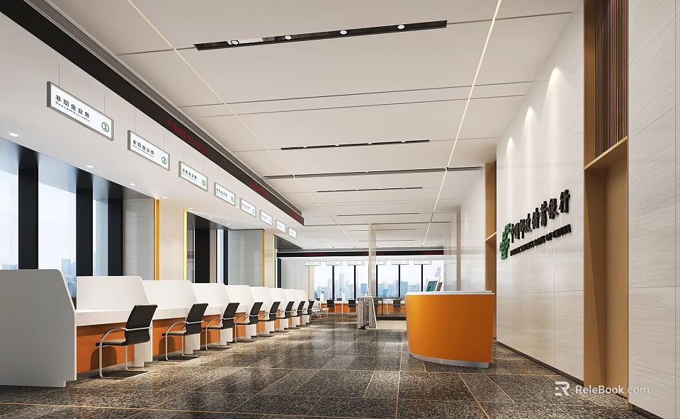 Bank Lobby Interior Design With Modern Seating Bright Lighting And Service Counter 3d model 