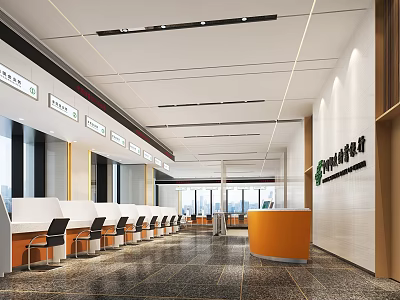 Bank Lobby Interior Design With Modern Seating Bright Lighting And Service Counter 3d model
