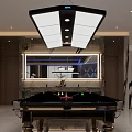 Modern Billiard Room Interior Design With Multiple Tables Ceiling Lights And Wall Decor 3d model