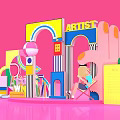 Colorful Geometric Art Scene With Pink Background Artist Sign And Sitting Person