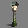 Japanese Style Garden Lantern With Green Roof Wooden Frame Glass Windows On Mossy Stone Pillar