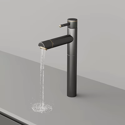 Black Modern Faucet with Running Water on Gray Countertop in Sleek Contemporary Design 3d model