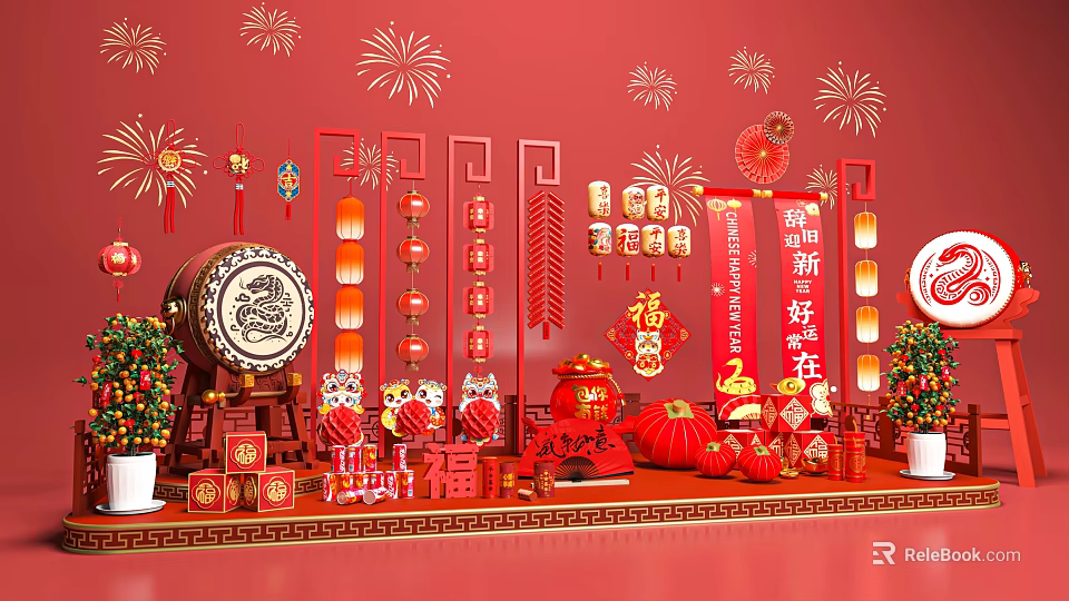 Chinese New Year Photo Spot with Red Lanterns Drum Fu Characters and Fireworks Decorations 3d model 