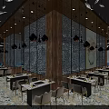 Modern Restaurant Interior With Shell Decorations Pendant Lights Patterned Tiles And Blue Wave Bar 3d model
