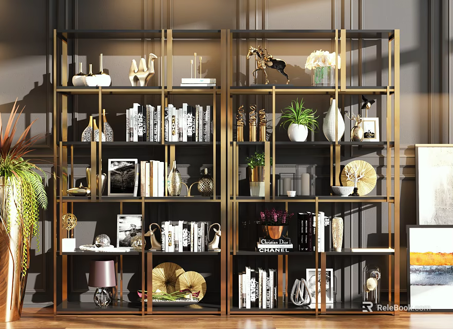 Modern Metal Shelving Unit With Multiple Layers Books Decorative Vases Plants And Sculptures 3d model 
