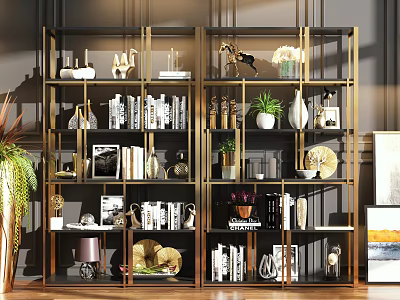 Modern Metal Shelving Unit With Multiple Layers Books Decorative Vases Plants And Sculptures 3d model