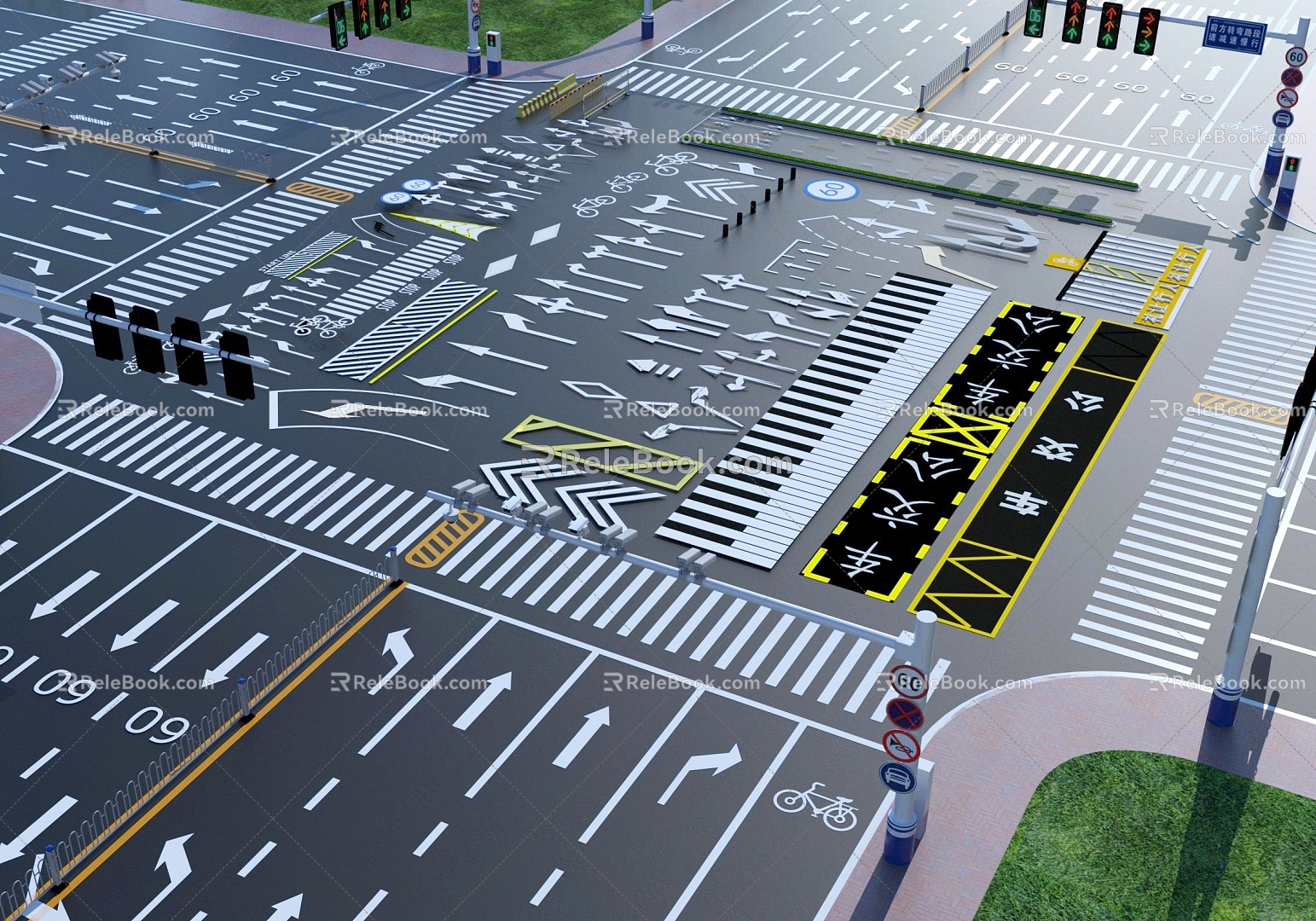 Modern Road Municipal Road Signs Marking Zebra Crossing Arrow Highway Standard Section Road Lane Indicating Line Crossroads Road Signs 3d model