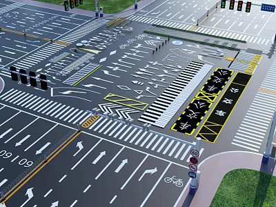 Urban Road Infrastructure Featuring Traffic Lights Zebra Crossings Lane Arrows Bus Lanes And Bicycle Lanes 3d model