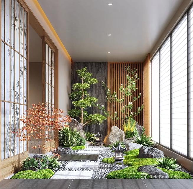 Indoor Landscape Design With Various Plants Rock Formations Water Feature Wooden Screens And Natural Light 3d model 