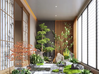 Indoor Landscape Design With Various Plants Rock Formations Water Feature Wooden Screens And Natural Light 3d model