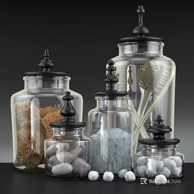 Modern Bathroom Accessories with Transparent Glass Jars Black Lids Sponge Bath Salt and Pebbles 3d model 