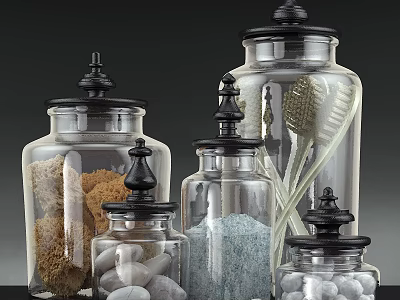 Modern Bathroom Accessories with Transparent Glass Jars Black Lids Sponge Bath Salt and Pebbles 3d model